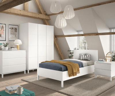 Tienerkamer Eva: bed 90x200cm, nachtkastje, kleerkast, commode - wit