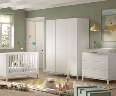 Babykamer Eva: babybed 60x120cm, commode met luierplank, kleerkast - wit