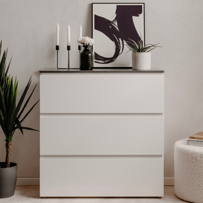 Ladekast Bresse - 89x40x92cm - 3 lades - hoogglans wit/antraciet Ladekast Bresse - 89x40x92cm - 3 lades - hoogglans wit/antraciet