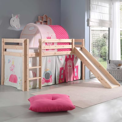 Halfhoogslaper met glijbaan Astrid met bedtent & bedtunnel Princess II - dennenhout