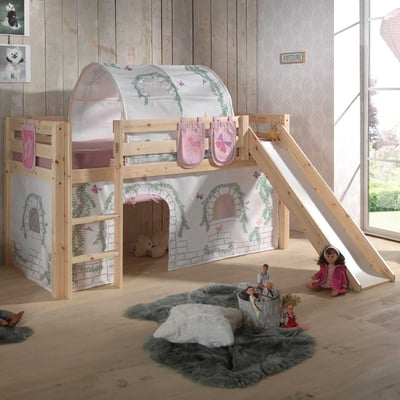 Halfhoogslaper met glijbaan Astrid met bedtent, -tunnel & opbergzakjes Birdy - dennenhout