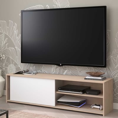 Tv-meubel Leandro - 155x40x43cm - met schuifdeur - eikdecor/wit