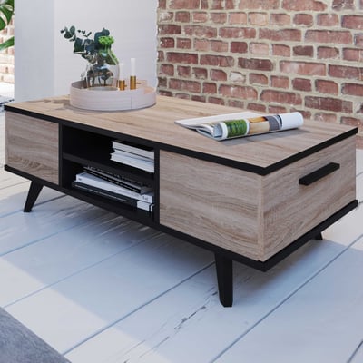 Salontafel Wilke 2 lades en 2 open vakken-geborstelde eik/matzwart