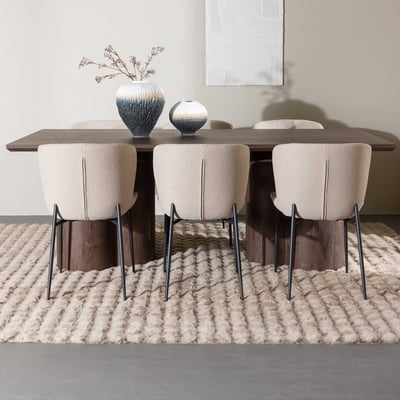 Eettafel Olivia met Modesto stoelen Venture Design - MDF & Bouclé - 100x210 cm - Mokka/beige