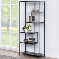 Seaford boekenkast: Mat zwart staal, 5-vaks essen melamine, 77x35x185cm