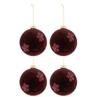 Doos van 4 kerstballen bloemen fluweel glas burgundy large