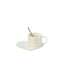Mok + bordje+lepel hart keramiek wit/goud