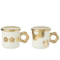 Mok + bordje bloem keramiek wit/goud assortiment van 2