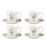 Doos 4 thetassen + schotels rendier cadeaudoos keramiek wit/bruin large