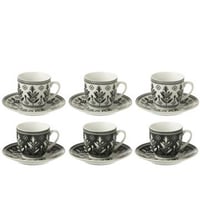 Doos 6 kopjes+schaal bladeren keramiek zwart/wit