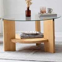 Locelso Salontafel | 100% Gehard Glas | Massief Grenen Frame | Eikenkleur