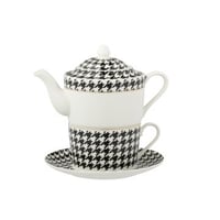 Doos van 1 theepot pied-de-poule porselein wit/zwart