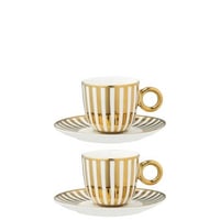 Doos van 2 koffiekop  +  bordje gestreept porselein goudkleurig/wit large