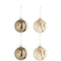 Doos van 4 kerstbal bladeren + stippen glas goudkleurig
