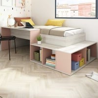 Bed Quinn 90x200 cm met bureau en opbergruimte - grenen/oudroze