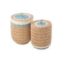 Set van 2 mand met deksel gestreept papier naturel/lichtblauw
