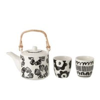 Theepot + kopjes keramiek wit/zwart