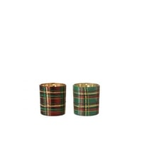 T-lichthouder geruit glas rood/groen small assortiment van 2