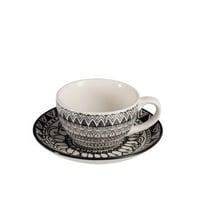 Koffietas+schotel monochroom boho keramiek zwart/wit