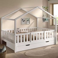 Huisbed Dallas - 140x200cm - met beveiliging en bedlade - massief dennenhout - wit