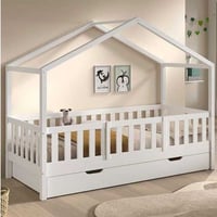 Huisbed Dallas - 90x200cm - met beveiliging en bedlade - massief dennenhout - wit