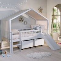 Huisbed Forrest - 90x200cm - met glijbaan, opbergboxen en bedtent - beukenhout - wit