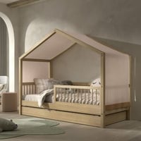 Huisbed Forrest 90x200 met rolbed, uitvalbeveiliging en bedtent - beukenhout/roze
