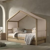 Huisbed Forrest 90x200 met rolbed en bedtent - beukenhout/roze