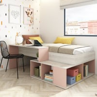 Bed Quinn 90x200 cm met bureau en opbergruimte - grenen/oudroze