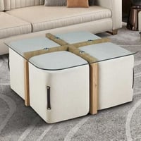 Salontafelset met vier poefs Shana | 90 x 90 x 45 cm | Wit - Glas