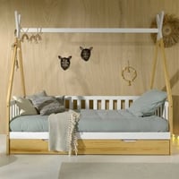 Tipibed 90 x 200cm met hekje en bedlade massief hout - dennenhout/wit