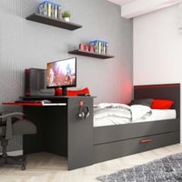 Bed Bzone 90x200 cm met bedlade, bureau en ledverlichting - antraciet