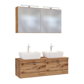 Dubbel wastafelmeubel met spiegelkast Dasa 120cm 4 lades - wotan eik