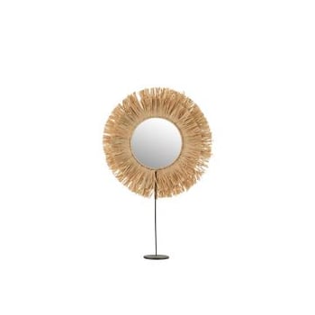 Spiegel op voet rond riet raffia naturel