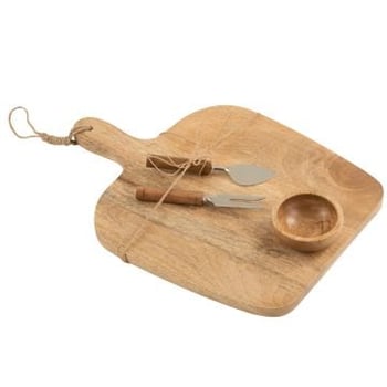 Kaasplank+mes+kom mango hout naturel/wit