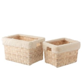 Set van 2 manden rechthoekig+imitatiebont rotan plat naturel white wash