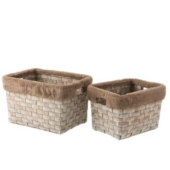 Set van 2 manden rechthoekig+imitatiebont rotan plat bruin