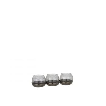 Theelichthouder 3 bol craquele glas/stainless steel zwart