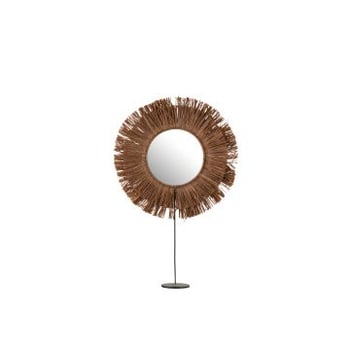 Spiegel op voet rond riet raffia bruin