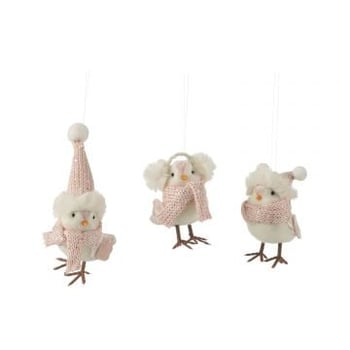 Vogel hangend textiel wit/licht roze assortiment van 3