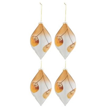Doos van 4 kerstballen druppel gedroogd blad oker+glitter glas transparant