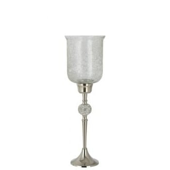 Windlicht op voet diamant bol aluminium/glas zilver/crackle