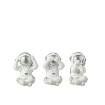 Astronauten horen/zien/zwijgen poly wit/zilver assortiment van 3