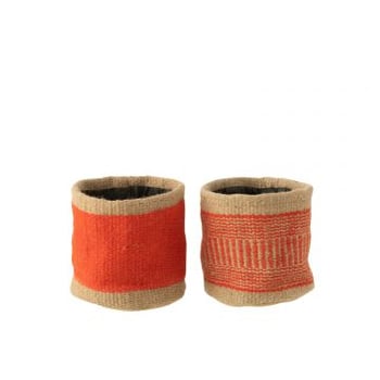 Mand rond+band jute naturel/oranje medium assortiment van 2