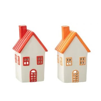 Theelichthouder huis dolomiet oranje/rood assortiment van 2