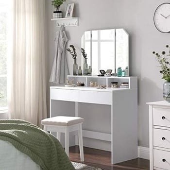 Witte kaptafel moderne stijl met 2 laden, drieluikspiegel
