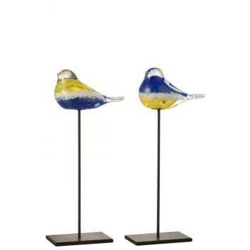 Vogel op voet glas/metaal blauw/geel large assortiment van 2