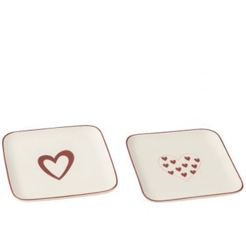 Borden harten porselein wit/rood assortiment van 2