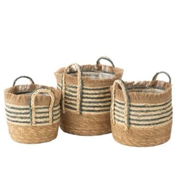 Set van 3 bloempotten riet/plastiek naturel/blauw