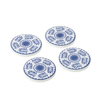 Set van 4 onderzetters bloemen mangohout blauw/wit